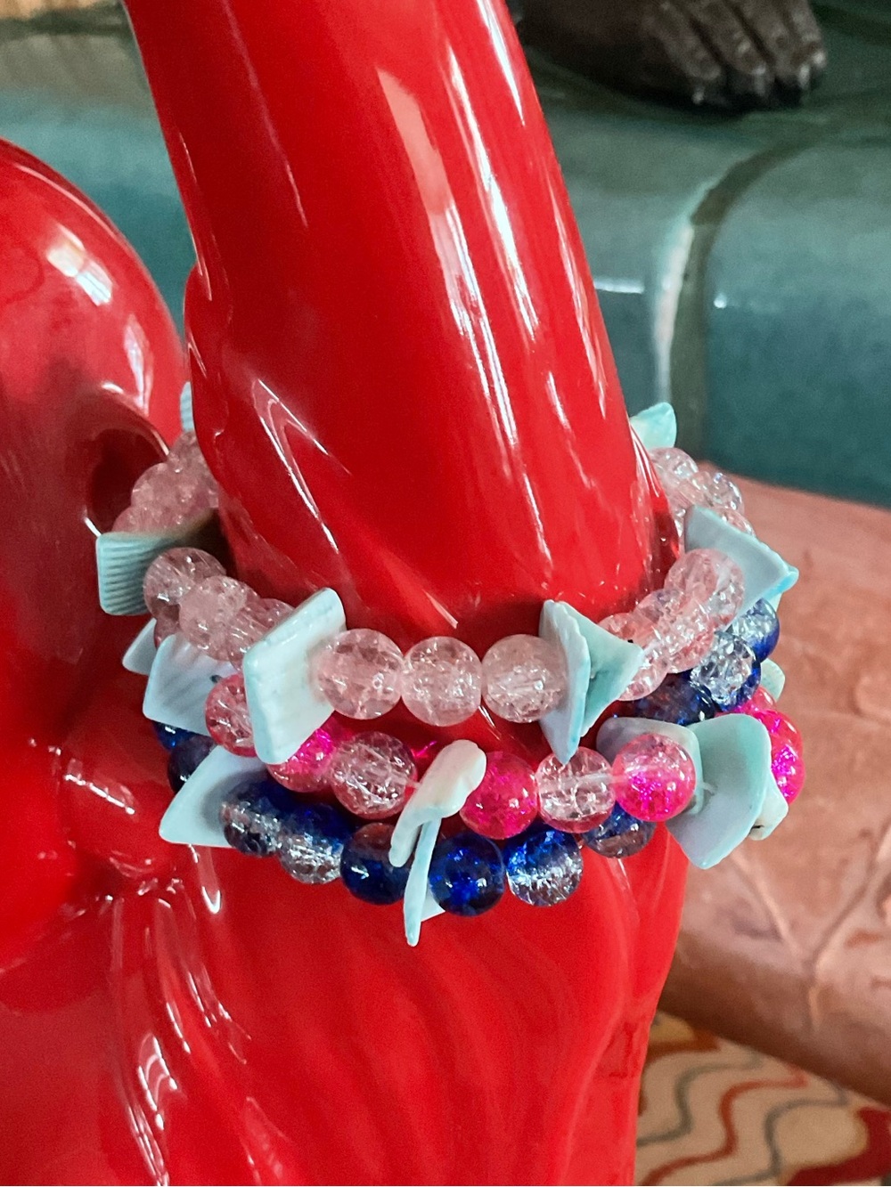 3 Stackable Beaded Stretch Bracelet Set in Pink, Blue and Turquoise.